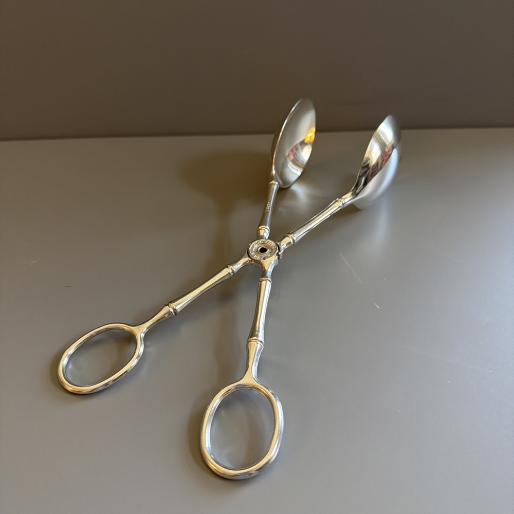 Vintage Silverplate E.P. Zinc Landes Italy Salad Tongs 9 1/4 " Bamboo Pattern